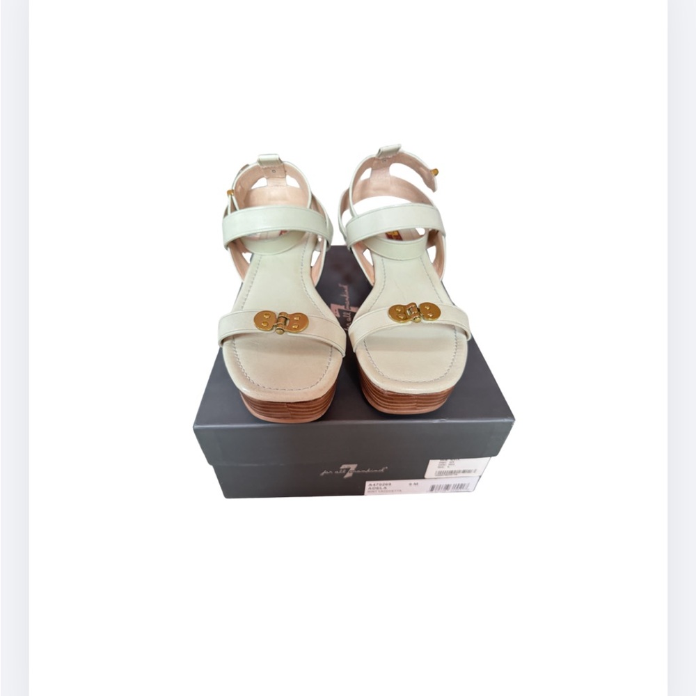 7 For All Mankind Wood Wedge Platform Sandal Gold Hardware Hinge Strap Sz 9